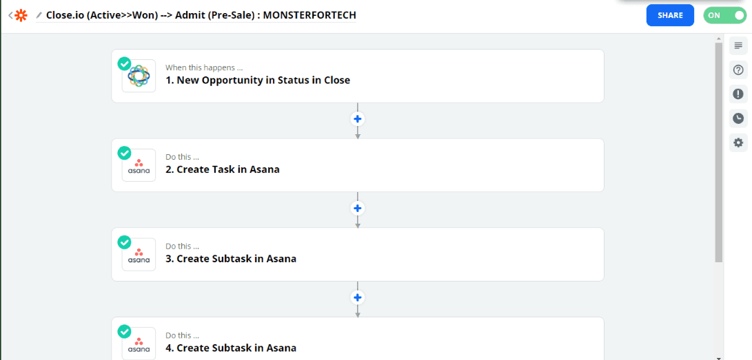 Close.io to Asana Zapier automation creating tasks and subtasks from won opportunities