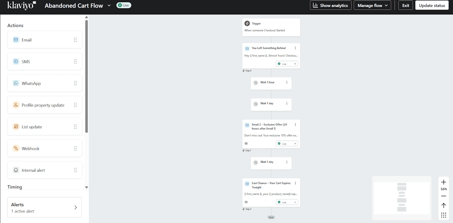 Klaviyo abandoned cart recovery flow with staged reminder emails